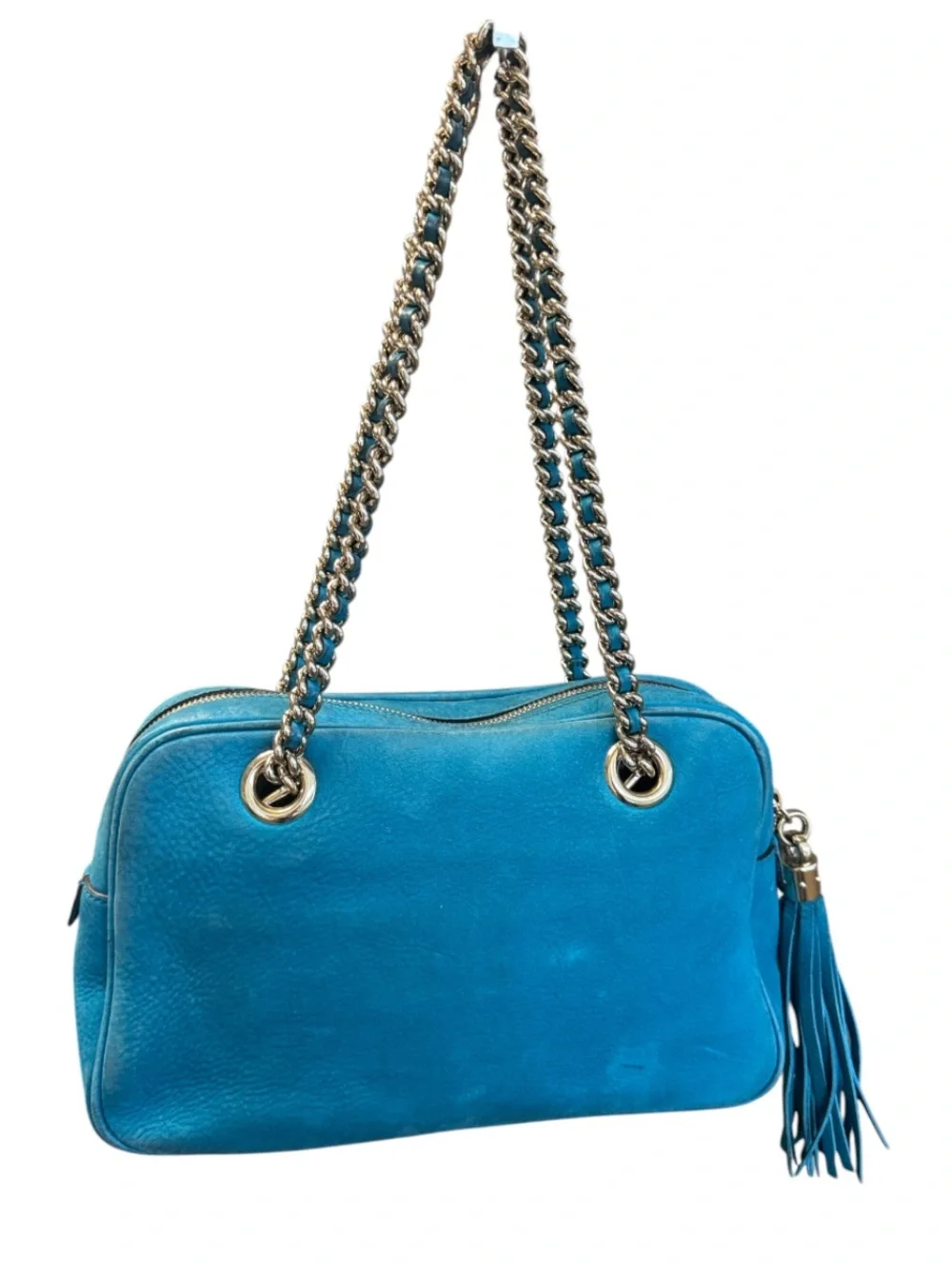 Gucci Soho Chain Strap Suede Leather Medium Bowler Bag Teal Blue Gold